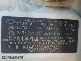 2003 Hyundai Sonata with VIN KMHWF25S13A827322, listed as a Copart auction lot 49780735 with 84,264 mi miles and Clean Title. Bid and sale history available at carsss.com. Image 12.