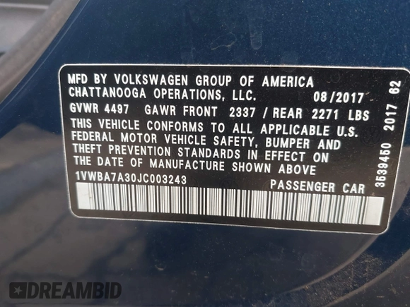 2018 Volkswagen Passat 2.0T SE with VIN 1VWBA7A30JC003243, listed as a IAAI auction lot 41895405 with 99,210 mi miles. Bid and sale history available at carsss.com. Image 9.