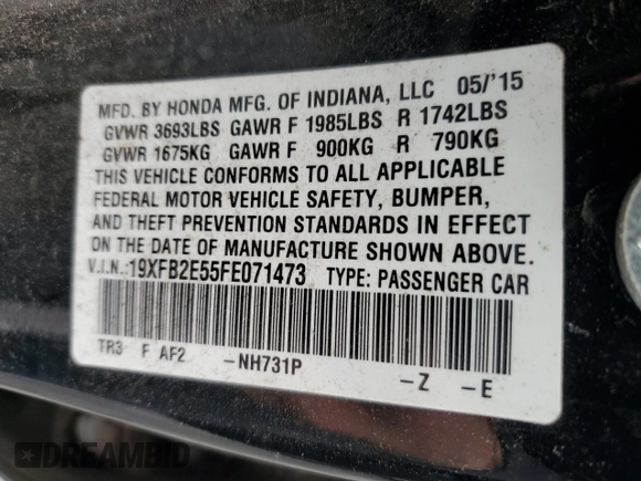 2015 Honda Civic Sedan LX with VIN 19XFB2E55FE071473, listed as a Copart auction lot 49604395 with 255,389 mi miles and Salvage Title. Bid and sale history available at carsss.com. Image 12.