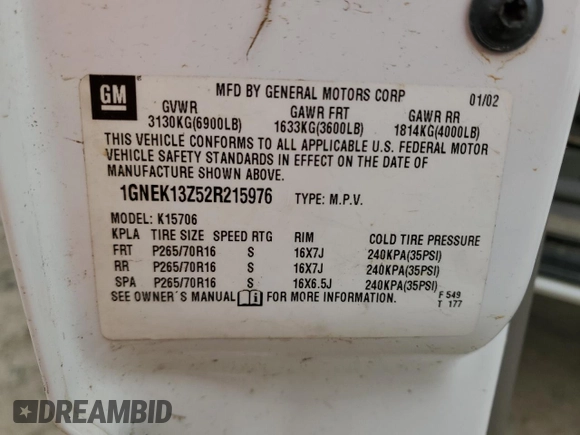 2002 Chevrolet Tahoe Z71 with VIN 1GNEK13Z52R215976, listed as a Copart auction lot 87701755 with 138,475 mi miles and Salvage Title. Bid and sale history available at carsss.com. Image 14.
