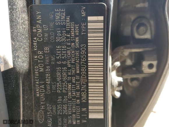 2008 Hyundai Tucson SE with VIN KM8JN72D98U765903, listed as a Copart auction lot 84814834 with 0 mi miles and Salvage Title. Bid and sale history available at carsss.com. Image 16.
