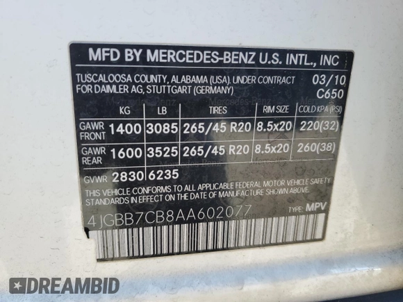 2010 Mercedes-Benz M 550 with VIN 4JGBB7CB8AA602077, listed as a Copart auction lot 83598804 with 111,633 mi miles and Salvage Title. Bid and sale history available at DreamBid. Image 13.
