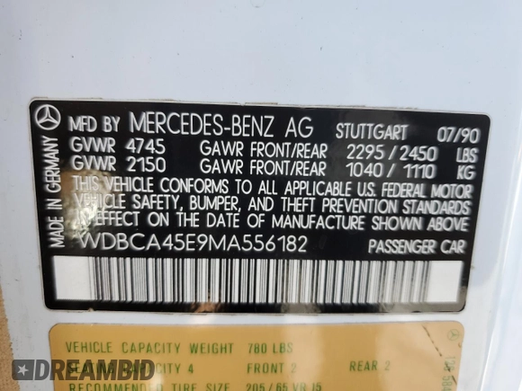 1991 Mercedes-Benz 560 с VIN WDBCA45E9MA556182, выставлен на аукционе Copart как лот 59515355 с пробегом 166 630 миль миль и Чистый • Clean title. История ставок и продаж доступна на DreamBid. Изображение 12.