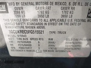 2015 Chevrolet Silverado 1500 LT with VIN 3GCUKREC5FG515521, listed as a IAAI auction lot 42116115 with 146,615 mi miles and . Bid and sale history available at DreamBid. Image 9.