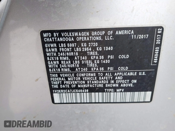 2018 Volkswagen Atlas SE with VIN 1V2KR2CA7JC546436, listed as a IAAI auction lot 41739327 with 123,916 mi miles and . Bid and sale history available at DreamBid. Image 9.