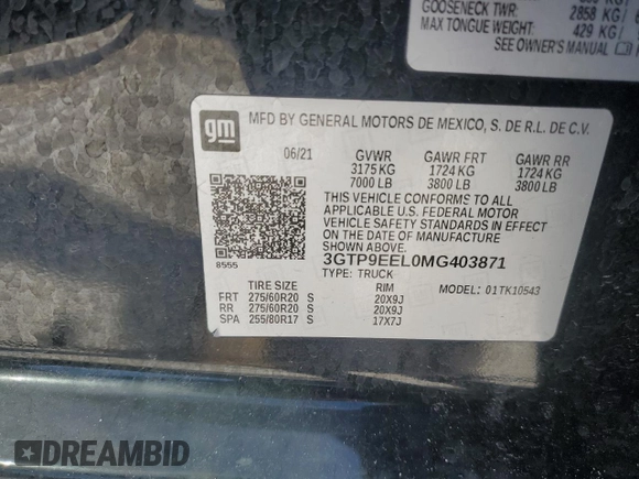 2021 GMC Sierra 1500 AT4 with VIN 3GTP9EEL0MG403871, listed as a Copart auction lot 43845305 with 51,209 mi miles and Non Repairable. Bid and sale history available at carsss.com. Image 15.