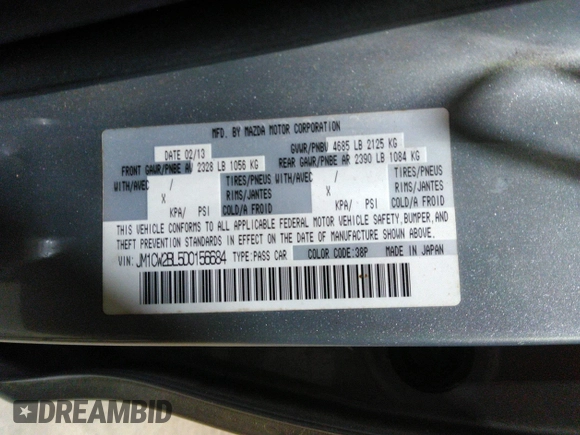 2013 Mazda 5 Sport with VIN JM1CW2BL5D0156684, listed as a IAAI auction lot 41966696 with 121,654 mi miles and . Bid and sale history available at DreamBid. Image 9.