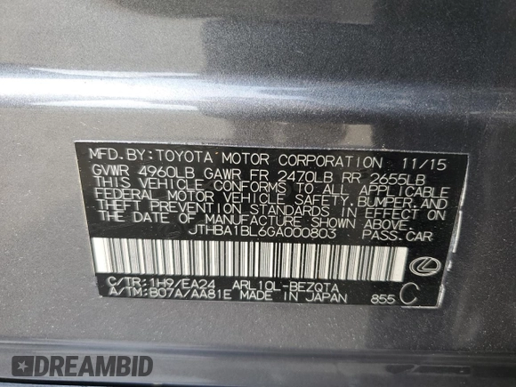 2016 Lexus GS 200t with VIN JTHBA1BL6GA000803, listed as a Copart auction lot 60727795 with 93,410 mi miles and Salvage title. Bid and sale history available at DreamBid. Image 12.