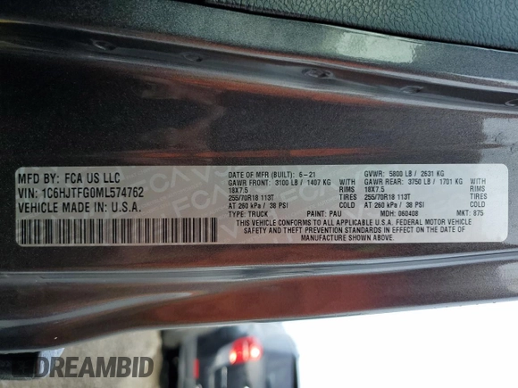 2021 Jeep Gladiator Overland с VIN 1C6HJTFG0ML574762, выставлен на аукционе Copart как лот 78867084 с пробегом 32 283 миль миль и Списание • Salvage title. История ставок и продаж доступна на DreamBid. Изображение 15.