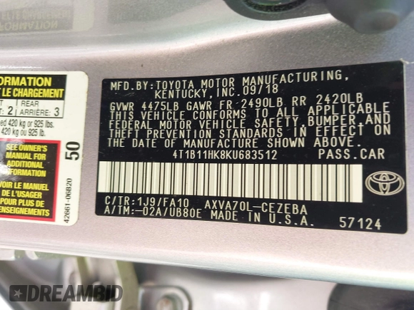 2019 Toyota Camry LE with VIN 4T1B11HK8KU683512, listed as a IAAI auction lot 39476699 with 40,074 mi miles. Bid and sale history available at carsss.com. Image 9.