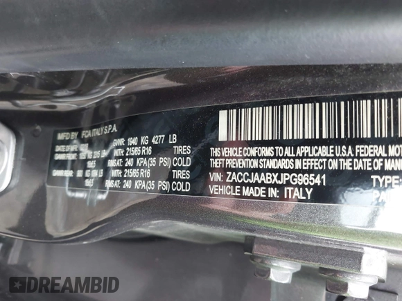 2018 Jeep Renegade Sport with VIN ZACCJAABXJPG96541, listed as a IAAI auction lot 41921701 with 112,941 mi miles and . Bid and sale history available at DreamBid. Image 9.