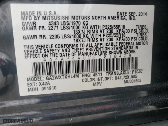 2015 Mitsubishi Outlander Sport SE with VIN 4A4AP4AU2FE010428, listed as a Copart auction lot 46552115 with 168,023 mi miles and Salvage Title. Bid and sale history available at carsss.com. Image 13.