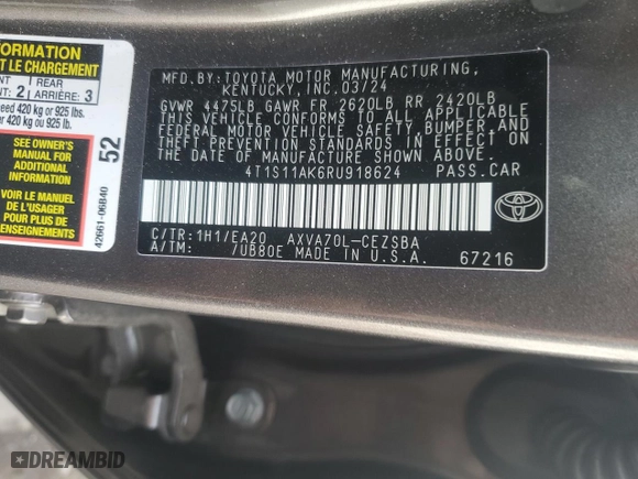 2024 Toyota Camry SE with VIN 4T1S11AK6RU918624, listed as a Copart auction lot 50186385 with 13,746 mi miles and Salvage Title. Bid and sale history available at carsss.com. Image 13.