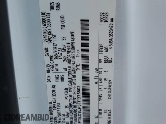 2015 Ford F-150 XLT с VIN 1FTEX1EP5FFB75802, выставлен на аукционе Copart как лот 60769405 с пробегом 151 559 миль миль и Чистый • Clean title. История ставок и продаж доступна на DreamBid. Изображение 12.