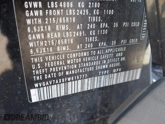 2015 Volkswagen Tiguan S z VIN WVGAV7AX8FW615777, wystawiony jako IAAI lot #42165193 z przebiegiem Nie podano mil oraz . Historia ofert i sprzedaży dostępna na DreamBid. Obrazek 9.