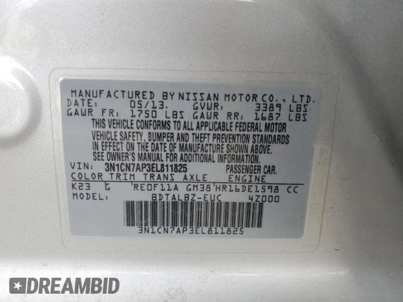 2014 Nissan Versa SV with VIN 3N1CN7AP3EL811825, listed as a Copart auction lot 54076465 with 120,640 mi miles and Salvage Title. Bid and sale history available at carsss.com. Image 12.