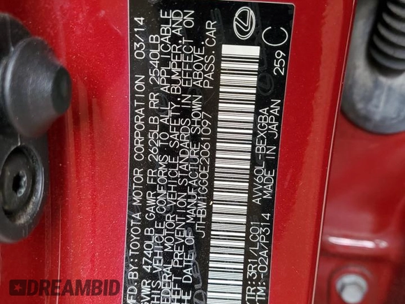 2014 Lexus ES 300h with VIN JTHBW1GG0E2061097, listed as a Copart auction lot 59004505 with 181,248 mi miles and Salvage title. Bid and sale history available at DreamBid. Image 12.