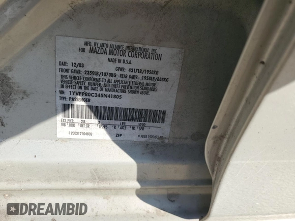 2004 Mazda 6 i with VIN 1YVFP80C345N41805, listed as a Copart auction lot 83388324 with 231,402 mi miles and Salvage Title. Bid and sale history available at DreamBid. Image 15.