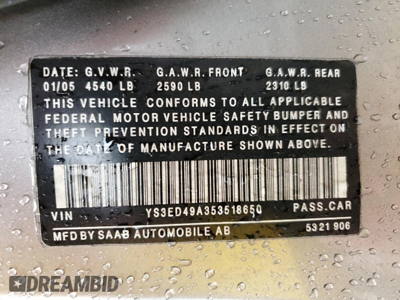 2005 Saab 9-5 Arc with VIN YS3ED49A353518650, listed as a Copart auction lot 44595085 with 220,098 mi miles and Clean Title. Bid and sale history available at carsss.com. Image 14.