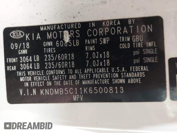 2019 Kia Sedona LX with VIN KNDMB5C11K6500813, listed as a IAAI auction lot 41570570 with 104,480 mi miles. Bid and sale history available at carsss.com. Image 9.