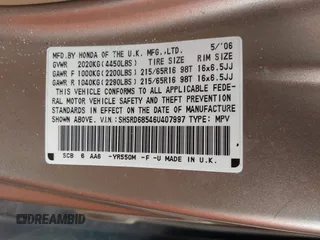 2006 Honda CR-V LX with VIN SHSRD68546U407997, listed as a IAAI auction lot 42101026 with 241,225 mi miles and . Bid and sale history available at DreamBid. Image 9.