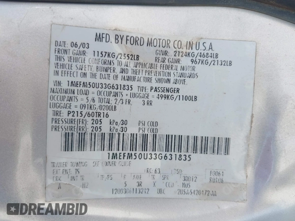2003 Mercury Sable GS with VIN 1MEFM50U33G631835, listed as a IAAI auction lot 42304265 with 199,721 mi miles and . Bid and sale history available at DreamBid. Image 9.