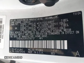 2005 Toyota Sienna XLE with VIN 5TDZA22C85S256737, listed as a IAAI auction lot 41635747 with 195,561 mi miles and . Bid and sale history available at DreamBid. Image 9.