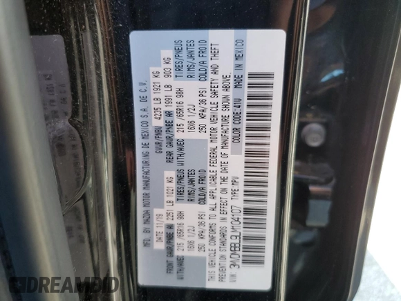 2020 Mazda CX-30 with VIN 3MVDMBBL9LM104107, listed as a Copart auction lot 62007684 with 52,753 mi miles and Salvage Title. Bid and sale history available at DreamBid. Image 13.