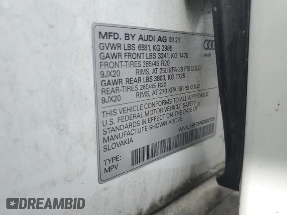 2022 Audi Q7 Premium Plus with VIN WA1LXBF75ND002720, listed as a Copart auction lot 54001815 with 54,677 mi miles and Salvage title. Bid and sale history available at DreamBid. Image 13.