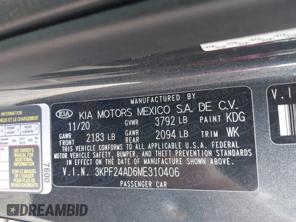2021 Kia Forte FE with VIN 3KPF24AD6ME310406, listed as a IAAI auction lot 41888723 with 59,281 mi miles. Bid and sale history available at carsss.com. Image 9.