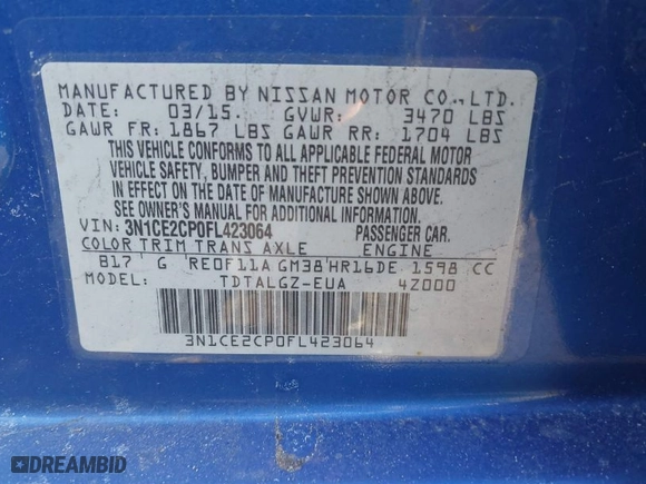 2015 Nissan Versa Note S with VIN 3N1CE2CP0FL423064, listed as a IAAI auction lot 41669812 with 239,455 mi miles. Bid and sale history available at carsss.com. Image 9.