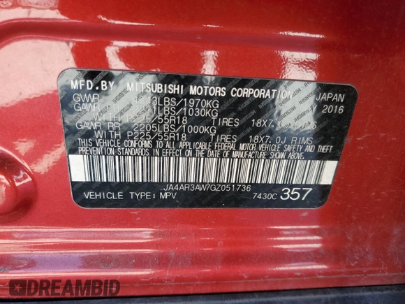 2016 Mitsubishi Outlander ES with VIN JA4AR3AW7GZ051736, listed as a Copart auction lot 57354725 with 150,228 mi miles and Salvage title. Bid and sale history available at DreamBid. Image 14.