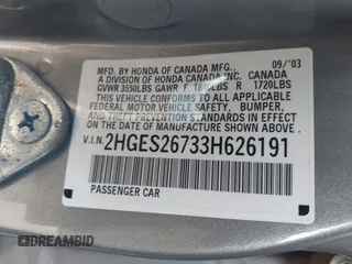 2003 Honda Civic EX with VIN 2HGES26733H626191, listed as a IAAI auction lot 41623055 with 107,125 mi miles and . Bid and sale history available at DreamBid. Image 9.