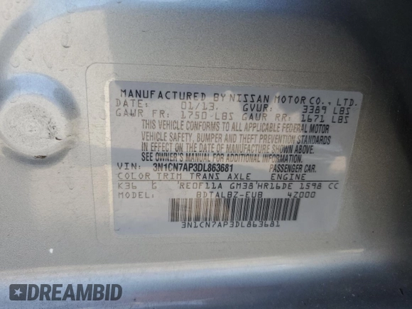 2013 Nissan Versa S Plus with VIN 3N1CN7AP3DL863681, listed as a Copart auction lot 76935524 with 86,971 mi miles and Salvage title. Bid and sale history available at DreamBid. Image 14.