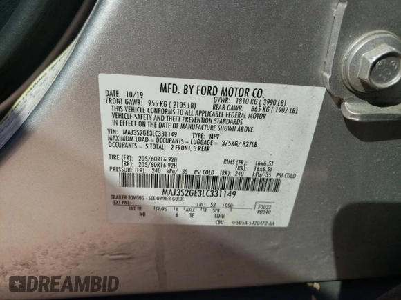 2020 Ford EcoSport SE with VIN MAJ3S2GE3LC331149, listed as a Copart auction lot 50570385 with Not Provided miles and Salvage Title. Bid and sale history available at carsss.com. Image 13.