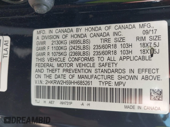 2017 Honda CR-V EX with VIN 2HKRW2H59HH685261, listed as a IAAI auction lot 41921522 with 66,428 mi miles. Bid and sale history available at carsss.com. Image 9.