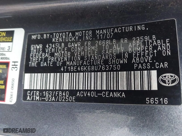2008 Toyota Camry LE with VIN 4T1BE46K68U763750, listed as a IAAI auction lot 41828572 with 93,550 mi miles. Bid and sale history available at carsss.com. Image 9.