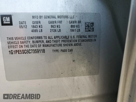 2012 Chevrolet Cruze 1FL with VIN 1G1PE5SC6C7359118, listed as a Copart auction lot 54675505 with 99,875 mi miles and Salvage Title. Bid and sale history available at DreamBid. Image 12.