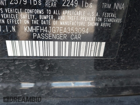 2014 Hyundai Azera Limited with VIN KMHFH4JG7EA353094, listed as a IAAI auction lot 41043222 with 184,924 mi miles and . Bid and sale history available at DreamBid. Image 9.