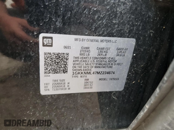 2021 GMC Acadia SLT with VIN 1GKKNML47MZ234674, listed as a Copart auction lot 78996494 with 69,472 mi miles and Salvage Title. Bid and sale history available at DreamBid. Image 13.