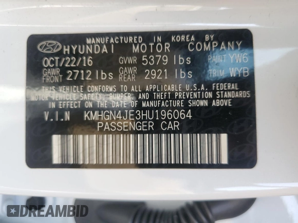 2017 Genesis G80 3.8L with VIN KMHGN4JE3HU196064, listed as a Copart auction lot 43457495 with 45,171 mi miles and Salvage Title. Bid and sale history available at DreamBid. Image 12.