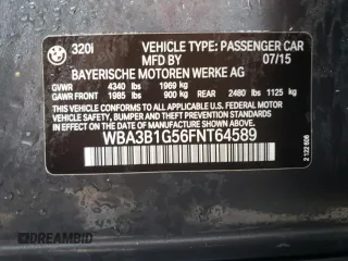 2015 BMW 3 Series 320i with VIN WBA3B1G56FNT64589, listed as a Copart auction lot 43250165 with 94,962 mi miles and Salvage Title. Bid and sale history available at carsss.com. Image 12.