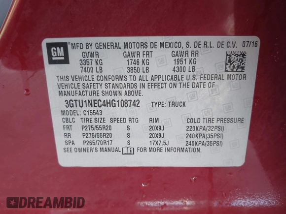 2017 GMC Sierra 1500 with VIN 3GTU1NEC4HG108742, listed as a IAAI auction lot 41811239 with 76,797 mi miles and . Bid and sale history available at DreamBid. Image 9.