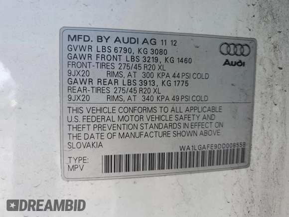 2013 Audi Q7 3.0T Premium Plus with VIN WA1LGAFE9DD008558, listed as a Copart auction lot 48083605 with 155,956 mi miles and Clean Title. Bid and sale history available at carsss.com. Image 13.