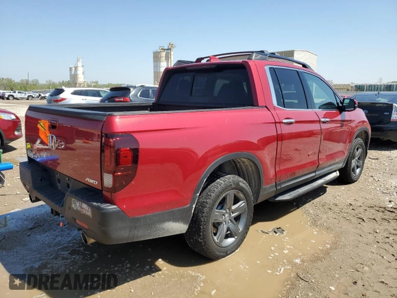 2023 Honda Ridgeline RTL-E with VIN 5FPYK3F76PB016502, listed as a Copart auction lot 54107235 with 27,516 mi miles and Salvage title. Bid and sale history available at DreamBid. Image 3.