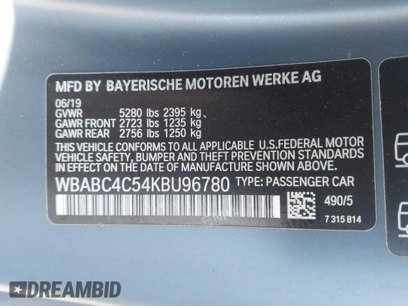 2019 BMW 8 Series M850i xDrive with VIN WBABC4C54KBU96780, listed as a IAAI auction lot 41015686 with 15,451 mi miles and . Bid and sale history available at DreamBid. Image 9.