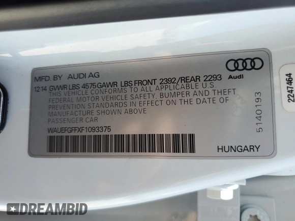 2015 Audi A3 2.0T Premium Plus with VIN WAUEFGFFXF1093375, listed as a Copart auction lot 60604093 with 138,915 mi miles. Bid and sale history available at carsss.com. Image 12.