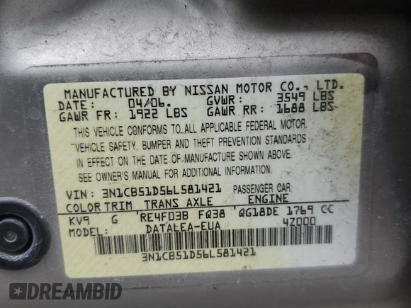2006 Nissan Sentra S z VIN 3N1CB51D56L581421, wystawiony jako Copart lot #50852175 z przebiegiem 151 273 mil mil oraz Szkoda całkowita • Salvage title. Historia ofert i sprzedaży dostępna na DreamBid. Obrazek 12.