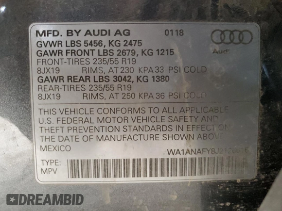 2018 Audi Q5 Premium with VIN WA1ANAFY8J2126616, listed as a Copart auction lot 48768995 with 78,610 mi miles and Salvage Title. Bid and sale history available at DreamBid. Image 14.