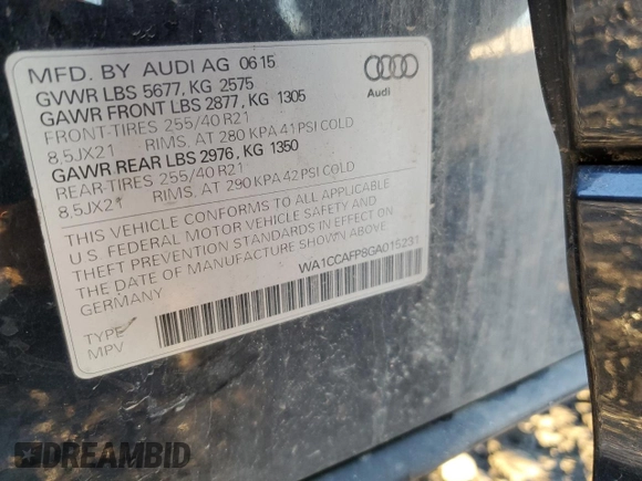 2016 Audi SQ5 Premium Plus with VIN WA1CCAFP8GA015231, listed as a Copart auction lot 88359215 with 128,594 mi miles and Salvage Title. Bid and sale history available at carsss.com. Image 14.